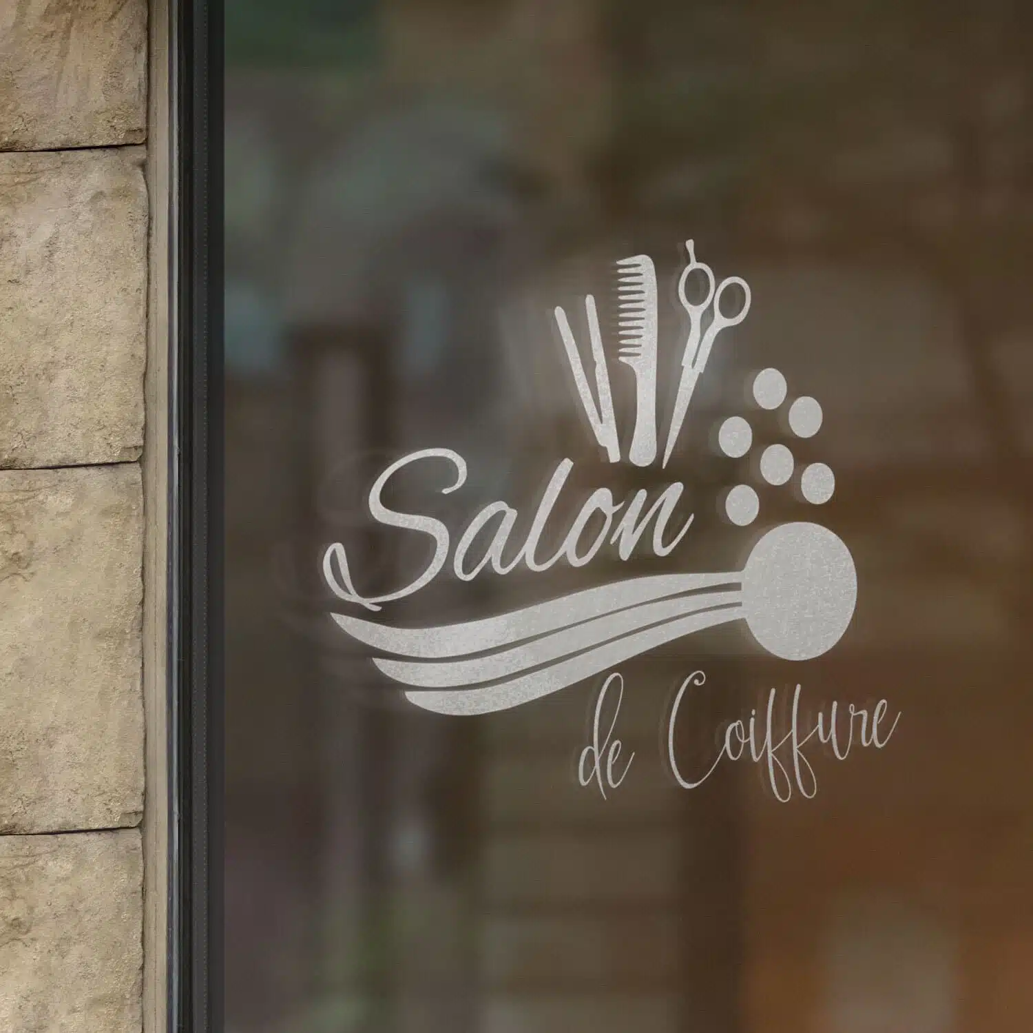 Image d'un sticker pour fenêtre de salon de coiffure avec le texte "Salon de Coiffure"