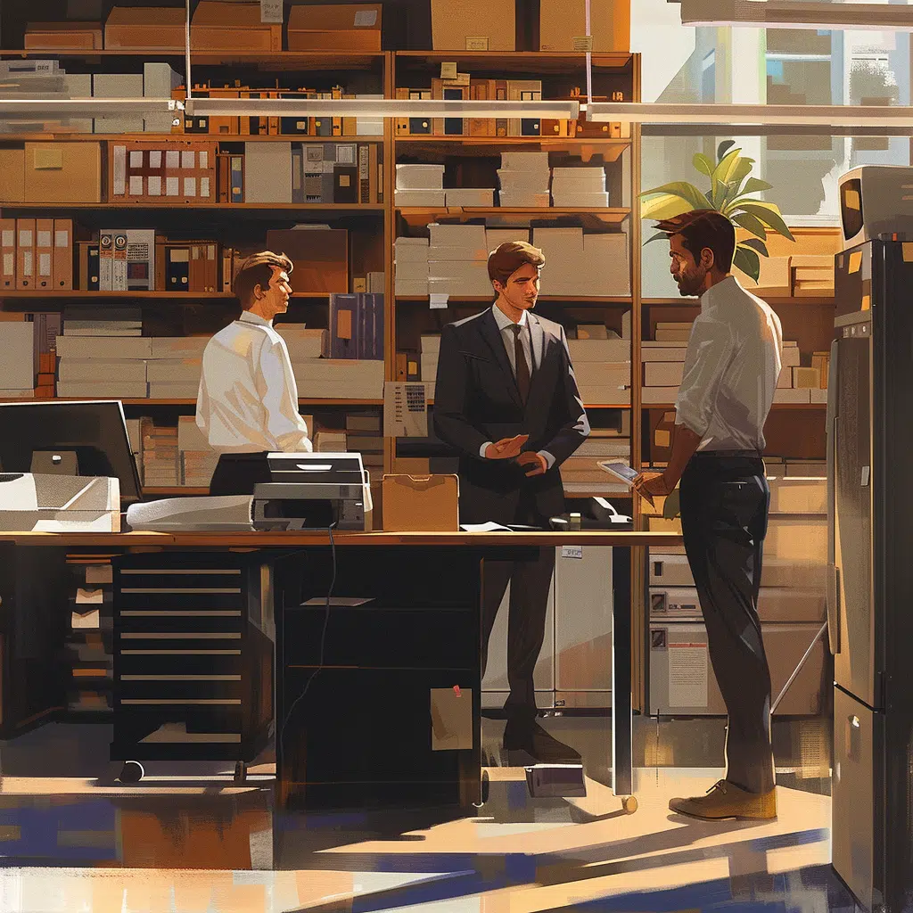 Réunion de production dans un atelier d’impression – Gestion de projet et logistique print Trois hommes en réunion dans une imprimerie ou un atelier de gestion des impressions, entourés d’équipements et de cartons