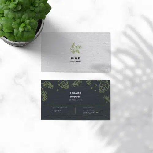Cartes de visite écologiques conçues en papier recyclé, affichant des designs épurés