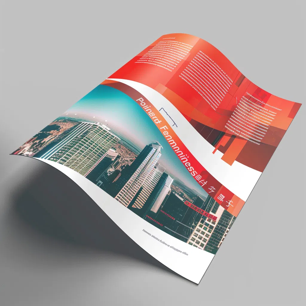 Flyers pelliculés avec un design moderne et coloré, montrant des gratte-ciels et du texte en rouge et blanc.