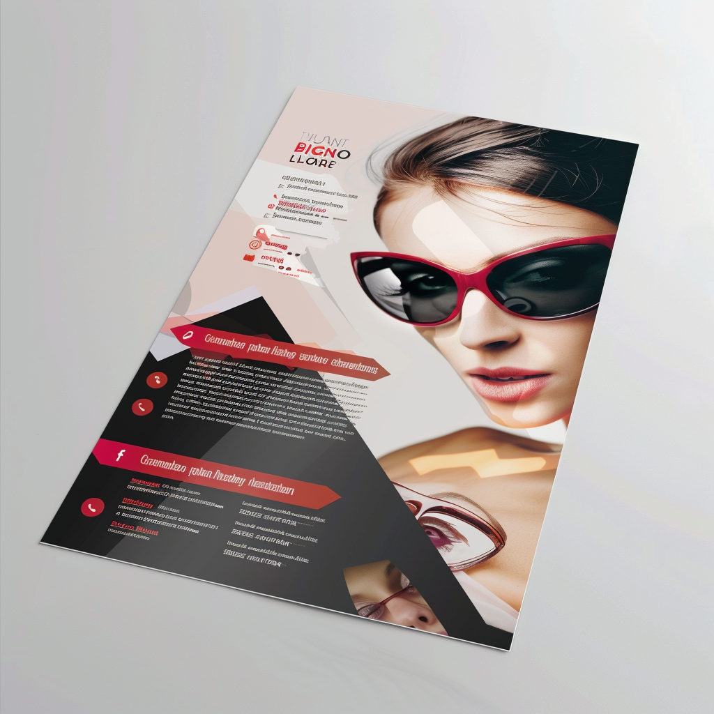 Flyer pelliculé avec une image de femme portant des lunettes de soleil rouges et du texte informatif.