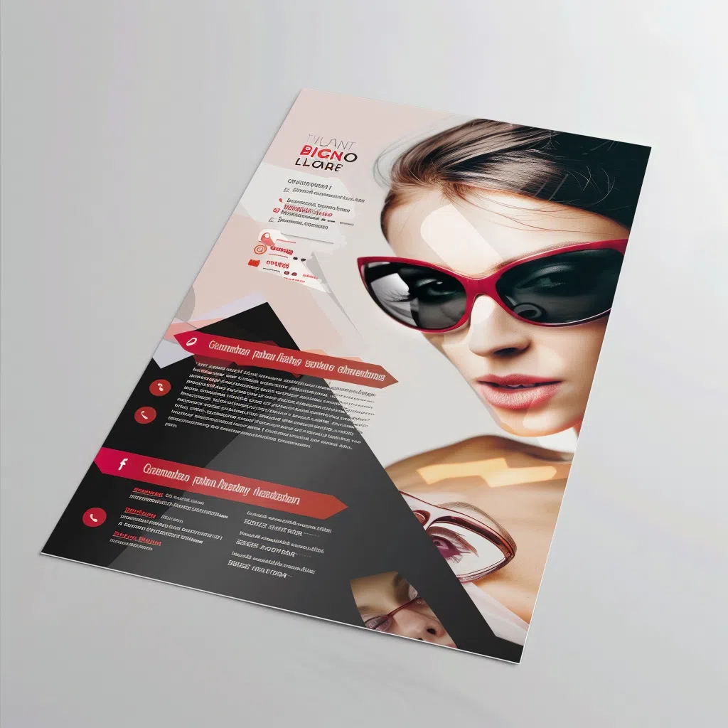 Flyer pelliculé avec une image de femme portant des lunettes de soleil rouges et du texte informatif.