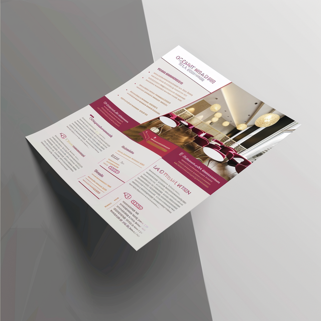Flyer pelliculé présentant un design élégant avec une photo d'un intérieur de restaurant et du texte informatif.