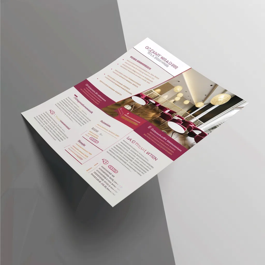 Flyer pelliculé présentant un design élégant avec une photo d'un intérieur de restaurant et du texte informatif.