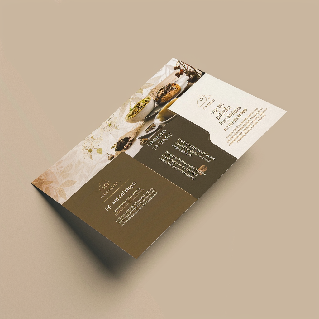 Flyer en papier texturé avec un design élégant, des images de plats et du texte informatif sur un fond beige.