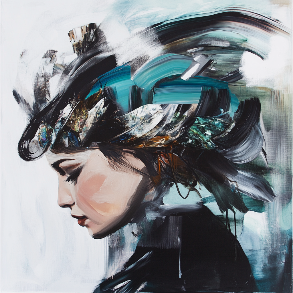 Portrait artistique grand format d’une femme de profil avec un casque abstrait aux couleurs vives sur bâche