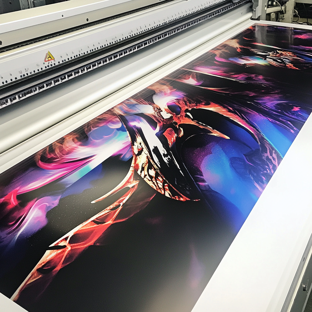 Impression numérique UV d’un visuel coloré sur une imprimante grand format à plat
