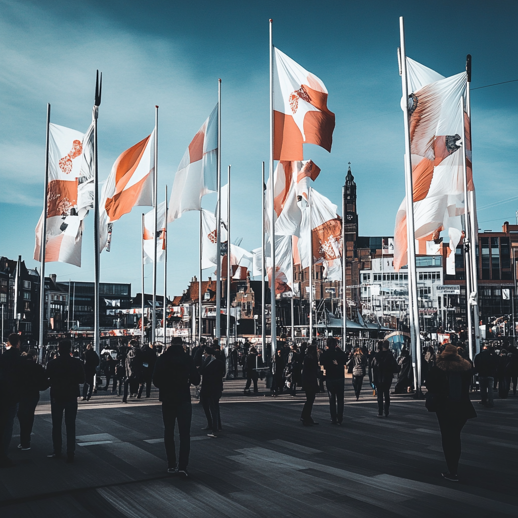 Drapeaux publicitaires grand format – Visibilité maximale en extérieur Drapeaux publicitaires flottant sur une place urbaine animée, avec foule et bâtiments en arrière-plan