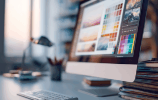 Bureau de graphiste avec écran affichant une interface de design et une palette de couleurs