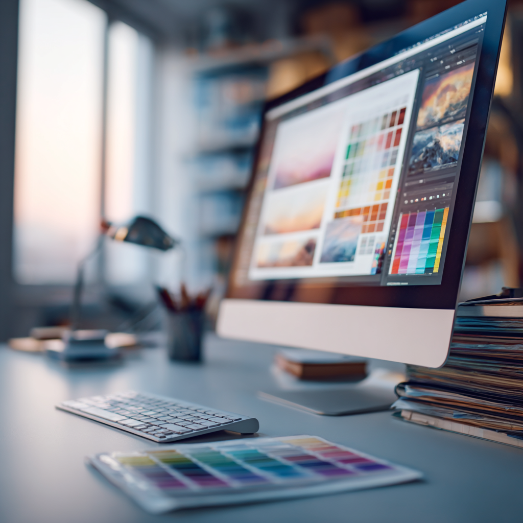 Poste de travail en impression à la demande – Conception graphique et gestion des couleurs Bureau de graphiste avec écran affichant une interface de design et une palette de couleurs