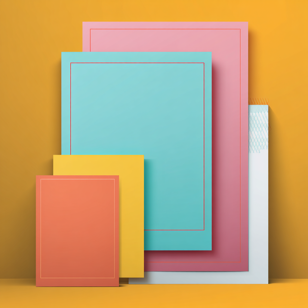 Affiches de différentes tailles et couleurs superposées sur fond jaune illustrant les formats standards