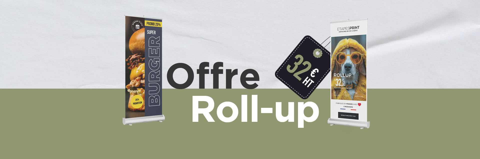 Deux roll-ups promotionnels avec visuels personnalisés et prix à partir de 32 € HT