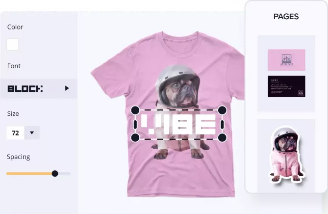 Outil en ligne de création de t-shirts personnalisés – Exemple avec design chien et texte VIBE Interface de personnalisation en ligne d’un t-shirt rose avec un chien en casque et le mot VIBE