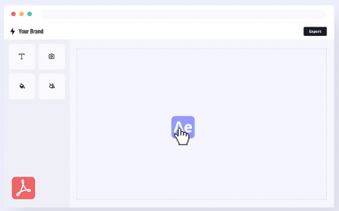 Interface de création graphique compatible After Effects ou InDesign Interface de design graphique avec élément typographique glissé au centre d’un éditeur visuel en ligne