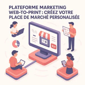 Créez votre propre place de marché Web-to-Print personnalisée Illustration d’une place de marché Web-to-Print connectant plusieurs utilisateurs à une interface d’achat personnalisée