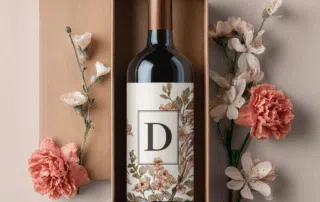 Bouteille de vin avec étiquette florale personnalisée et lettre D, présentée dans un coffret cadeau avec des fleurs