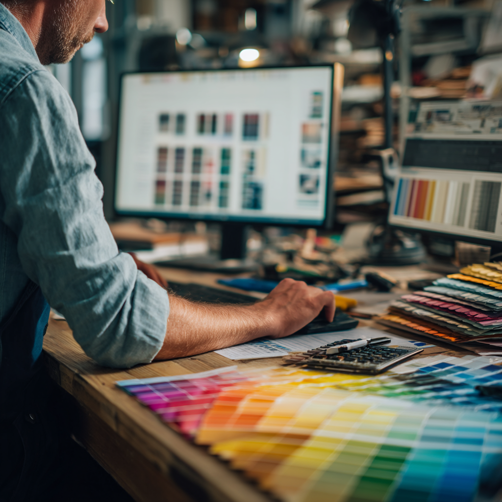 Graphiste travaillant sur un ordinateur avec des nuanciers de couleurs étalés sur un bureau en atelier