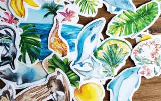 Autocollants colorés sur le thème tropical avec dauphins, feuilles et fruits