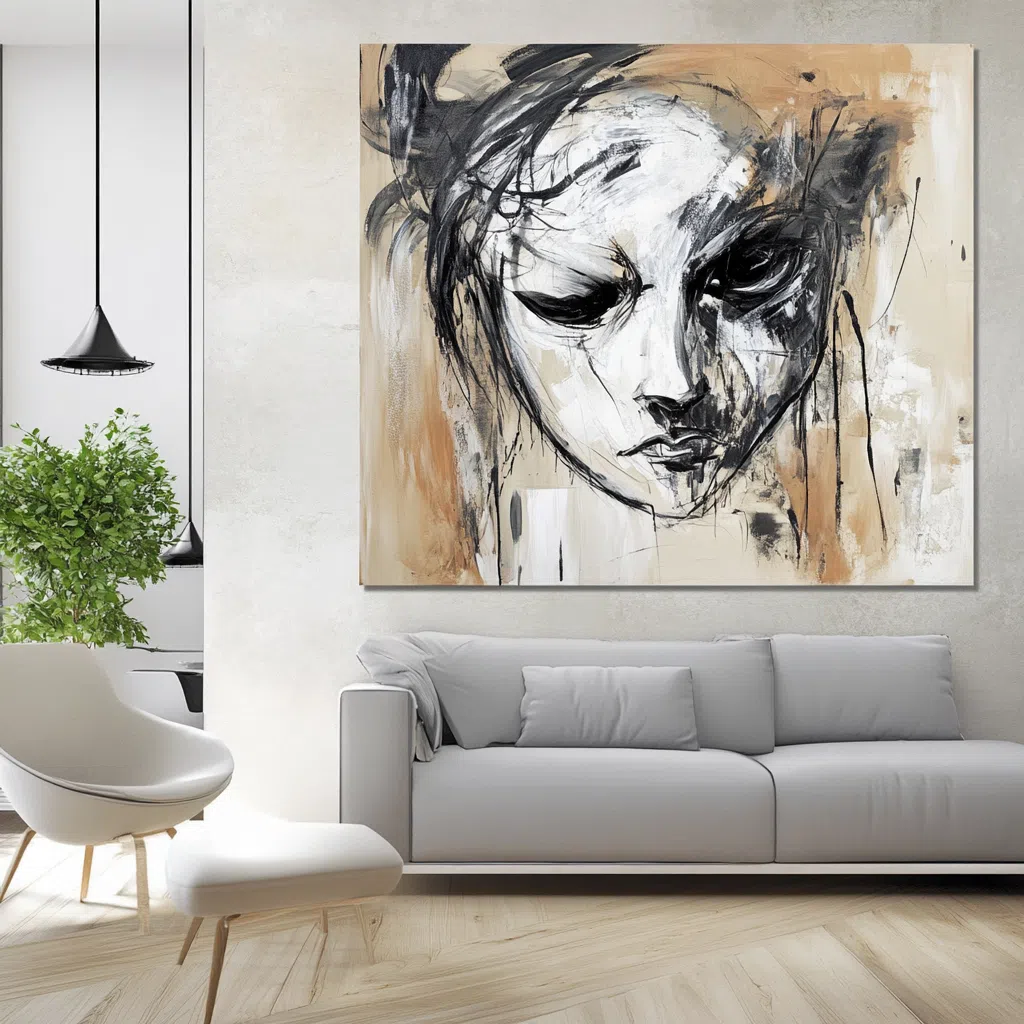 Impression sur bâche tendue grand format – Visuel artistique contemporain Impression artistique grand format d’un visage abstrait sur bâche tendue dans un salon moderne